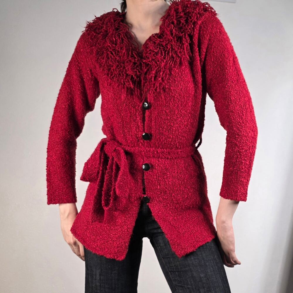 Vintage Y2K Wind River Red Bouclé Cardigan Fringe Collar Belted Sweater Small